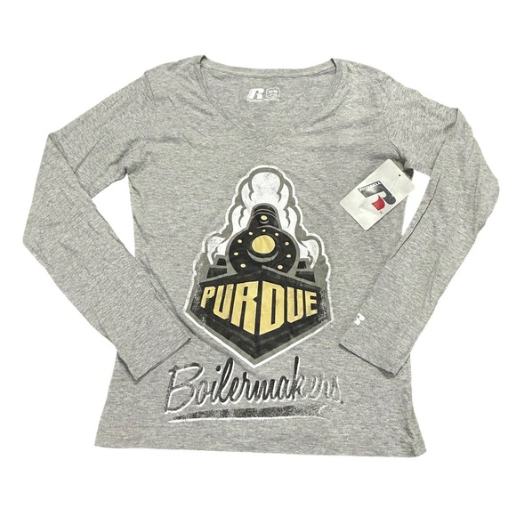 Russell Athletic Tops - Purdue Boilermakers Long Sleeve V-Neck Graphic Tee Gray College Game Day NCAA
